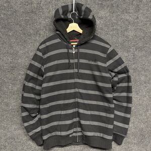 Vintage ONeill Sherpa Lined Striped Zip Up Hoodie Mens L Gray Black Y2K Skater